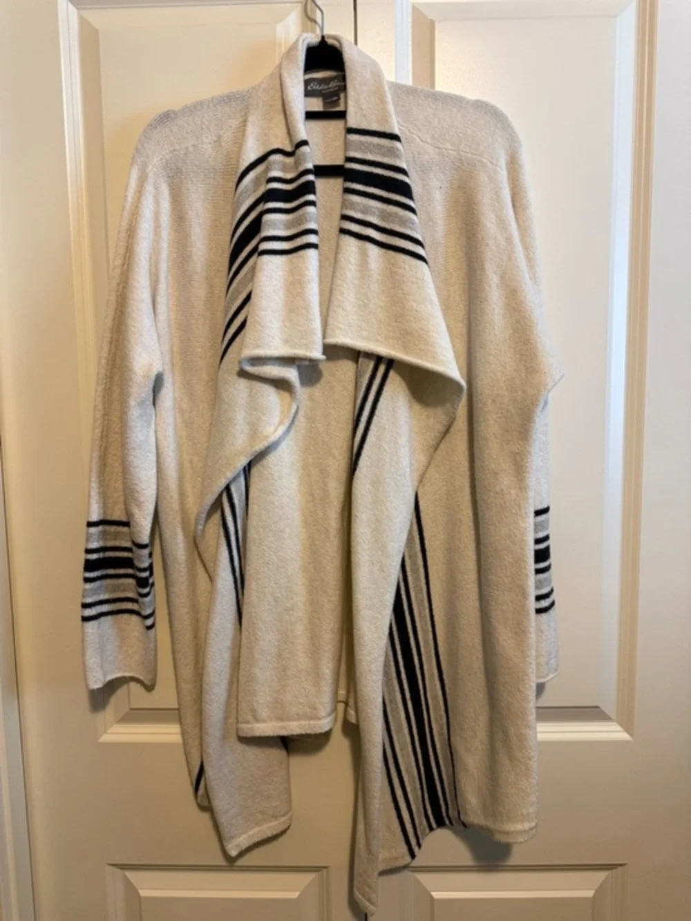 Eddie Bauer Cream Open-Front Cardigan with Navy Stripes